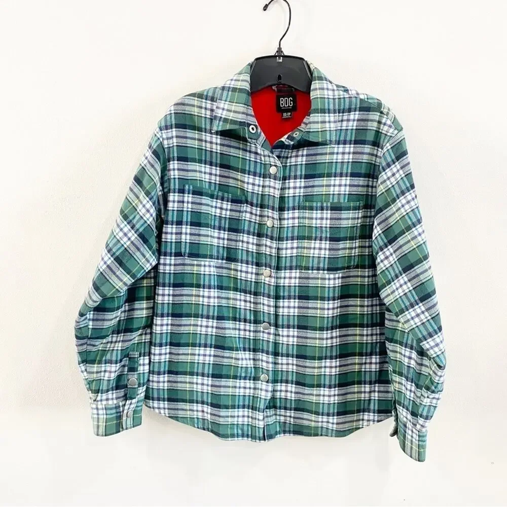 BDG | Oversized Flannel Plaid Shacket Red Fleece Lined Size XS - Picture 1 of 9